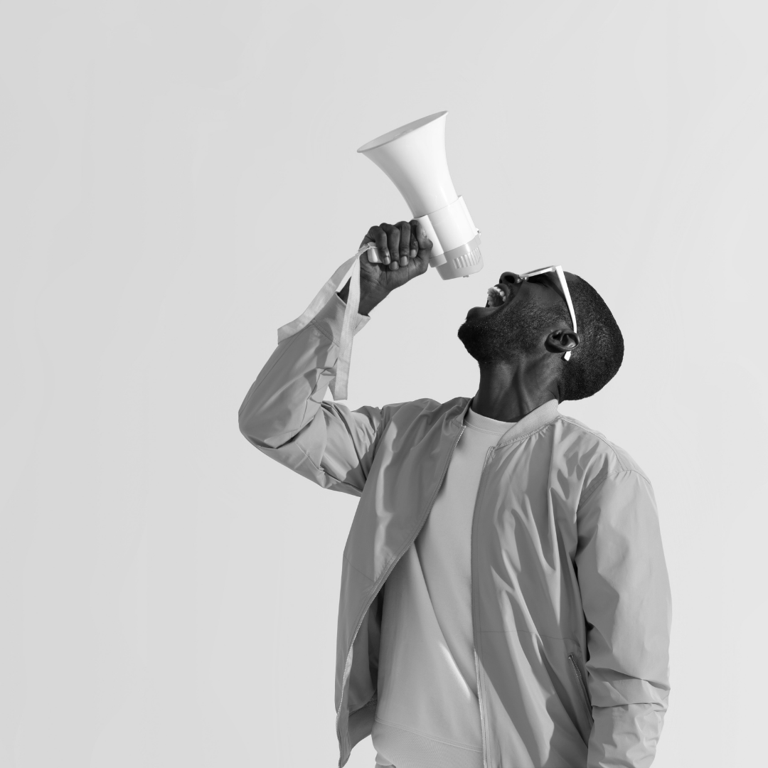 Man shouting into a megaphone, cover image for Bad Entrepreneur marketplace management and advertising services