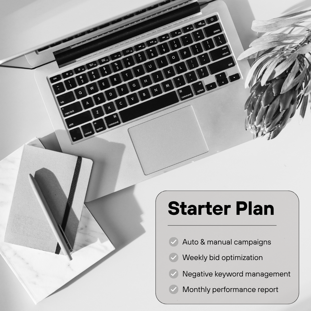 Marketplace Advertising Starter Plan: auto and manual campaigns, weekly bid optimization, negative keyword management, monthly performance report