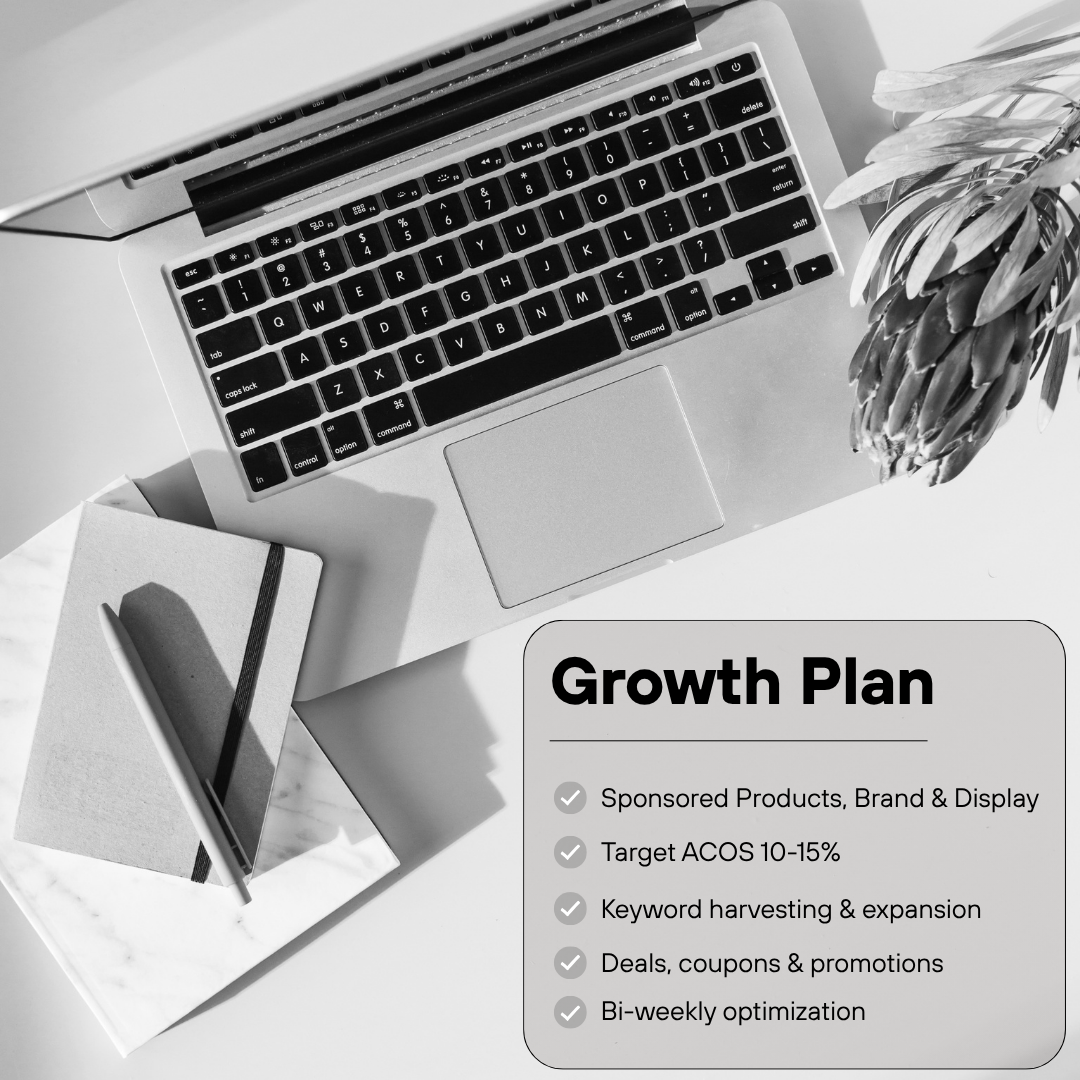Marketplace Advertising Growth Plan: Sponsored Products, Brand and Display, target ACOS 10-15%, keyword harvesting, deals and promotions, bi-weekly optimization