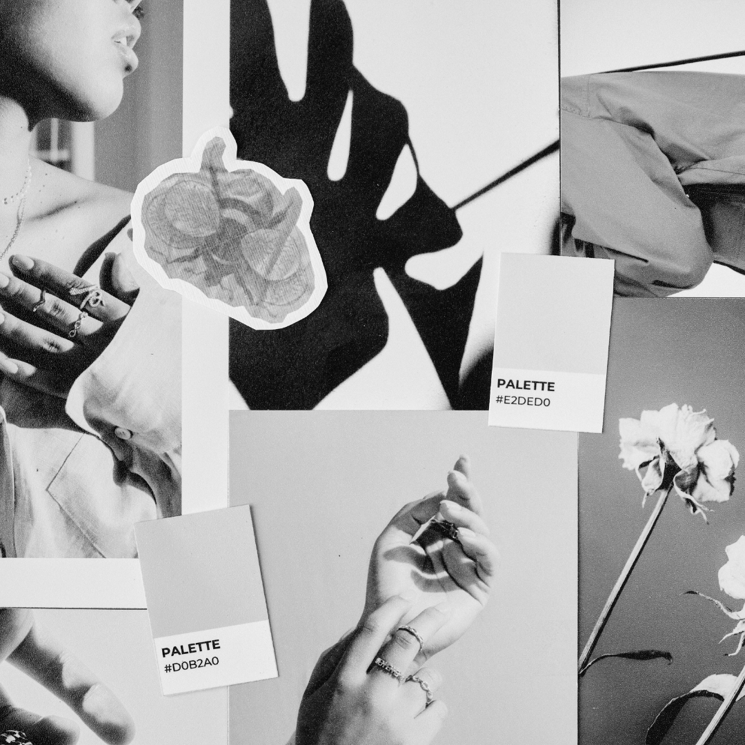 Branding mood board with color palette cards, flowers and black and white photography