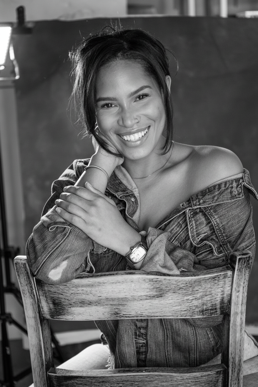 Smiling woman in a denim jacket seated on a wooden chair, hair and makeup portfolio by Nicole D.
