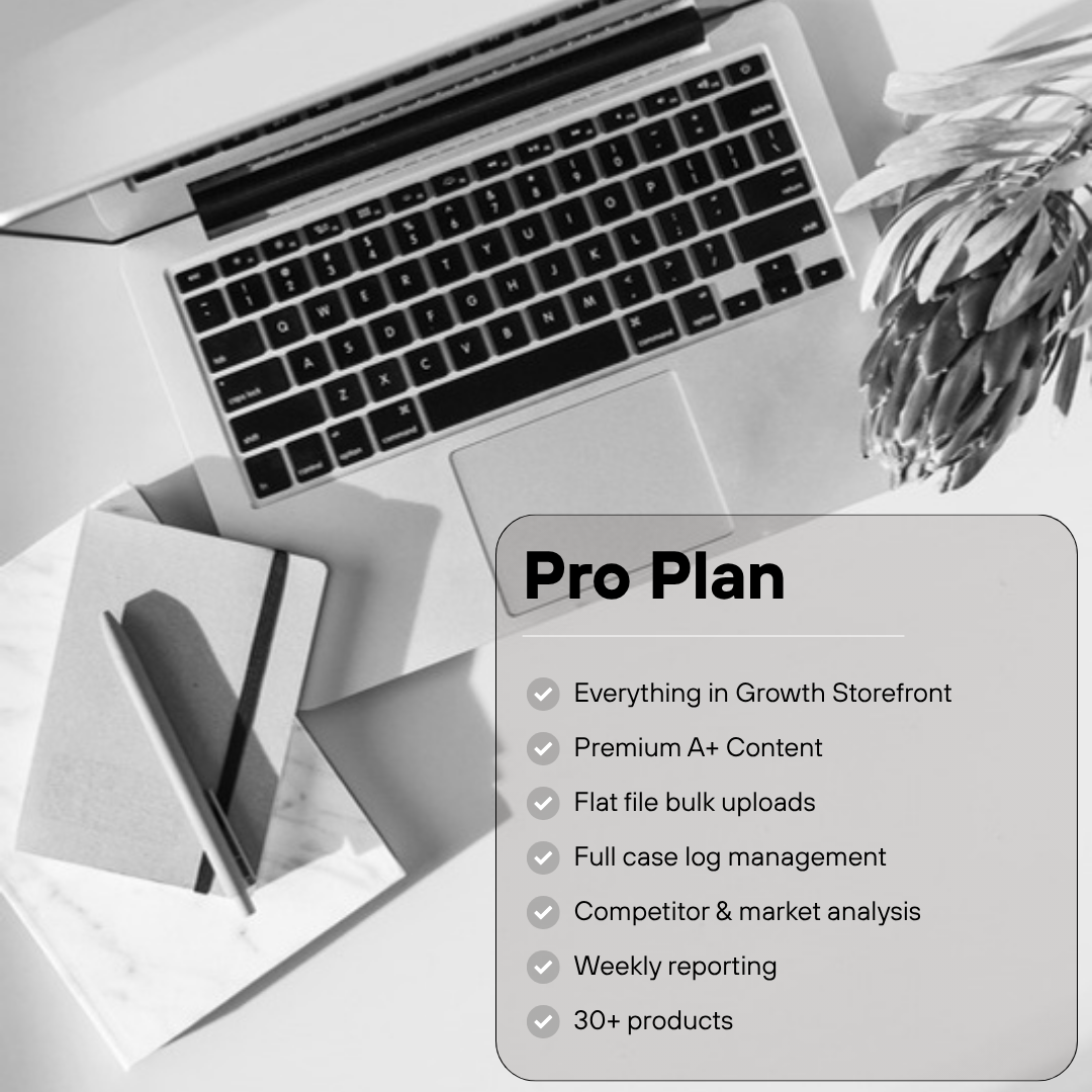 Amazon Store Management Pro Plan: everything in Growth, Premium A+ Content, flat file bulk uploads, case log management, competitor analysis, weekly reporting, 30+ products