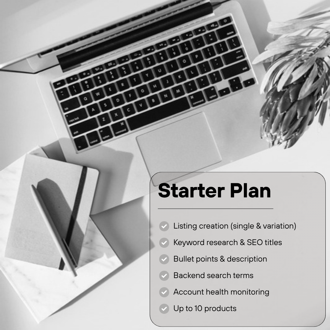 Amazon Store Management Starter Plan: listing creation, keyword research and SEO titles, bullet points and description, backend search terms, account health monitoring, up to 10 products