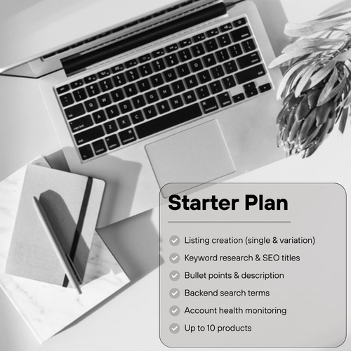 Amazon Store Management Starter Plan: listing creation, keyword research and SEO titles, bullet points and description, backend search terms, account health monitoring, up to 10 products