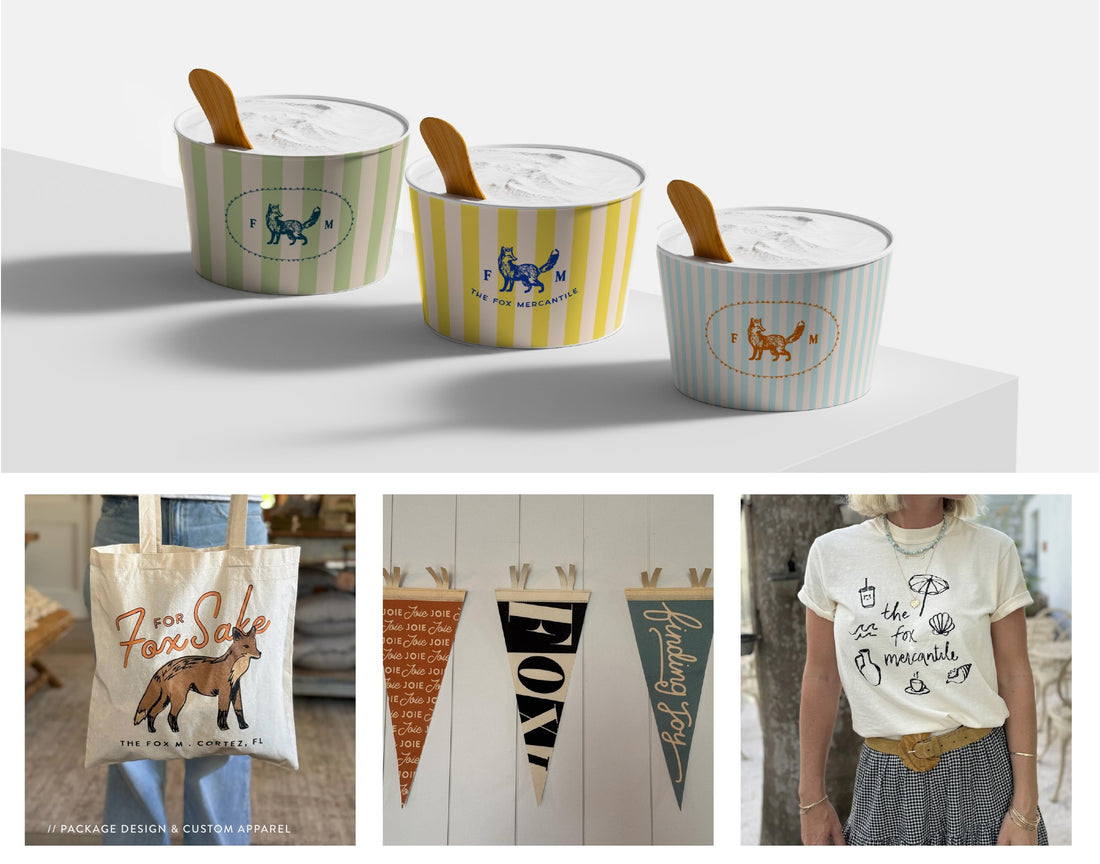 Ice cream cup packaging, tote bag and t-shirt designs by Madisen W.