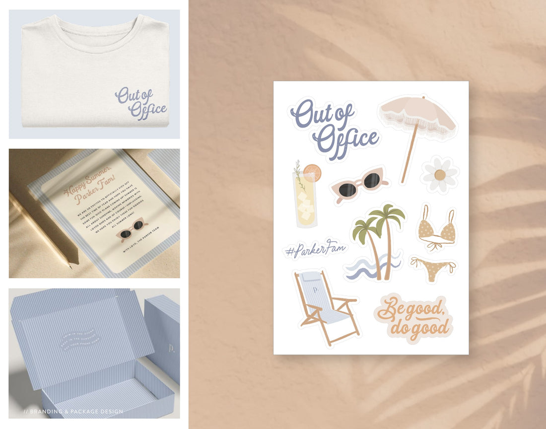 Out of Office illustrated sticker sheet, apparel and packaging design by Madisen W.