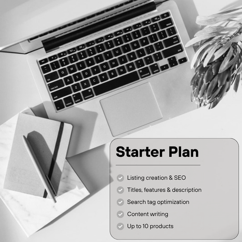 Store Management Starter Plan: listing creation and SEO, titles, features and description, search tag optimization, content writing, up to 10 products